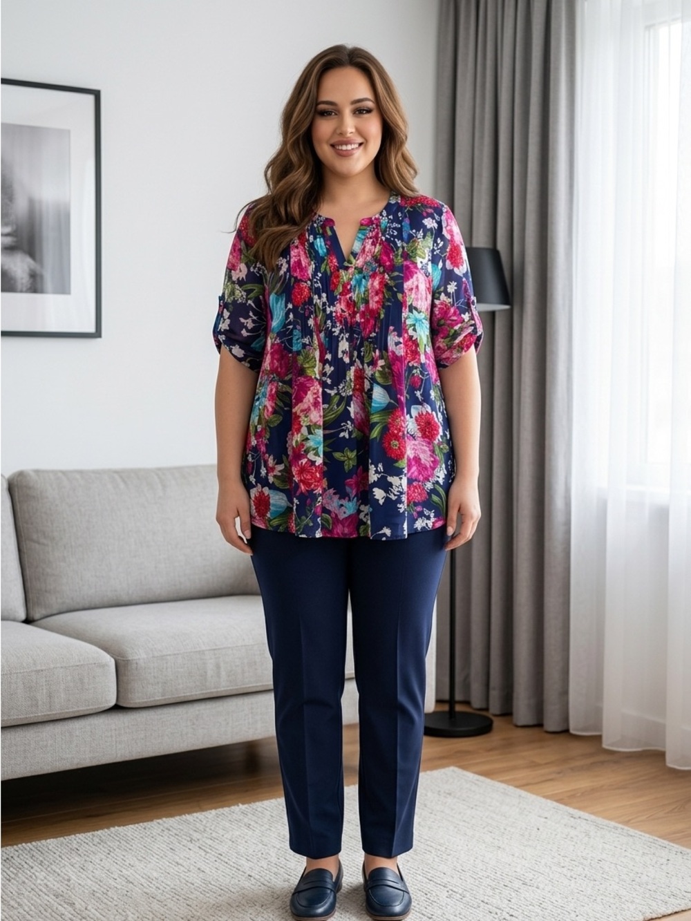 Roaman's Navy Floral Pleated Peasant Blouse
